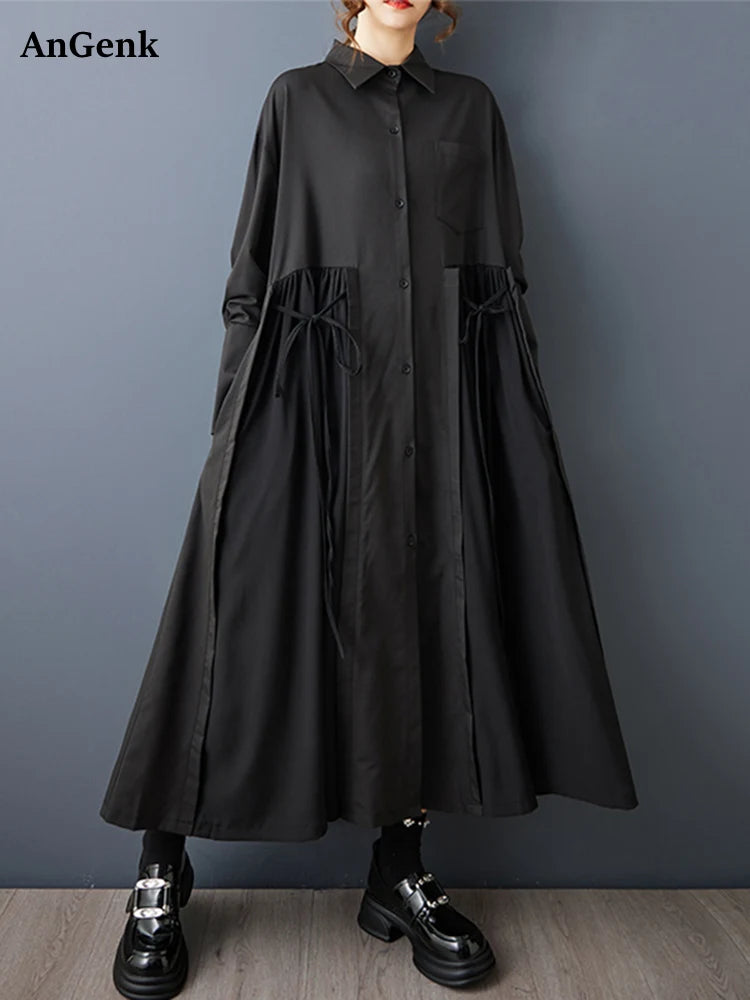 Abito chemisier nero midi da donna con allacciatura
