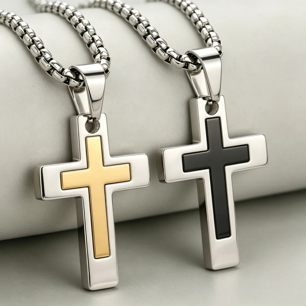 HNSP 316L Stainless Steel Inlay Cross Necklace For Men Women PVD Cross Pendant With Box Chain Waterproof Fashion Jewelry Gift