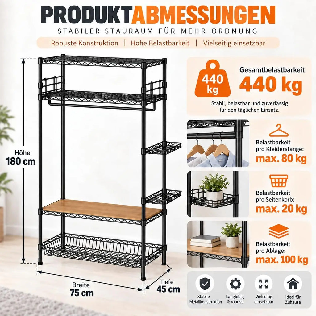 Perchero de metal resistente de 4 niveles con estantes ajustables y cestas laterales, organizador de armario con ruedas para vestidor, lavandería y dormitorio