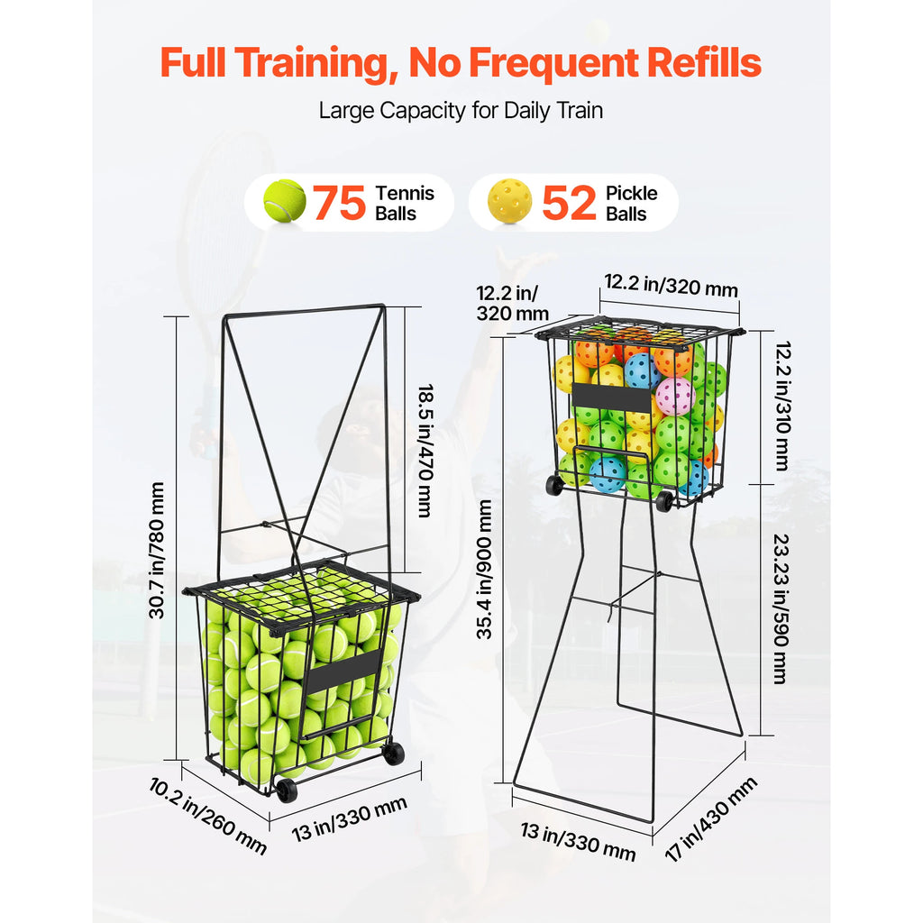 SucceBuy Tennis Ball Hopper Holds 75 Tennis Balls Portable Pickleball Caddy with Wheels Handle for Training Carrying Storage