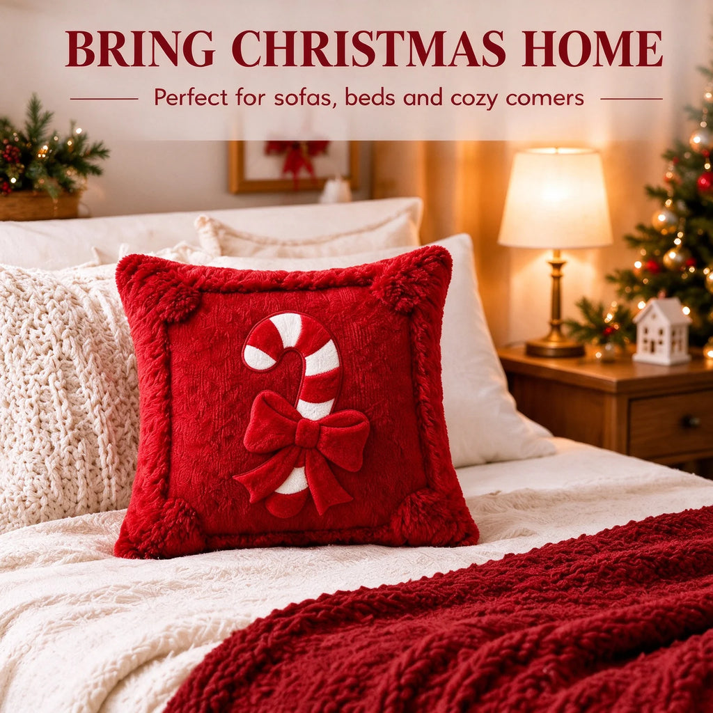 Housse de coussin décoratif de Noël Sucre d'orge, Housse de coussin de Noël rouge aspect peluche en fausse fourrure, Nœud Décoration d'intérieur pour canapé de fêtes hivernales