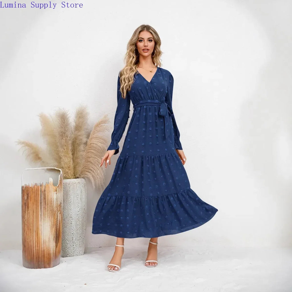 Abito lungo da donna con scollo a V e maniche lunghe