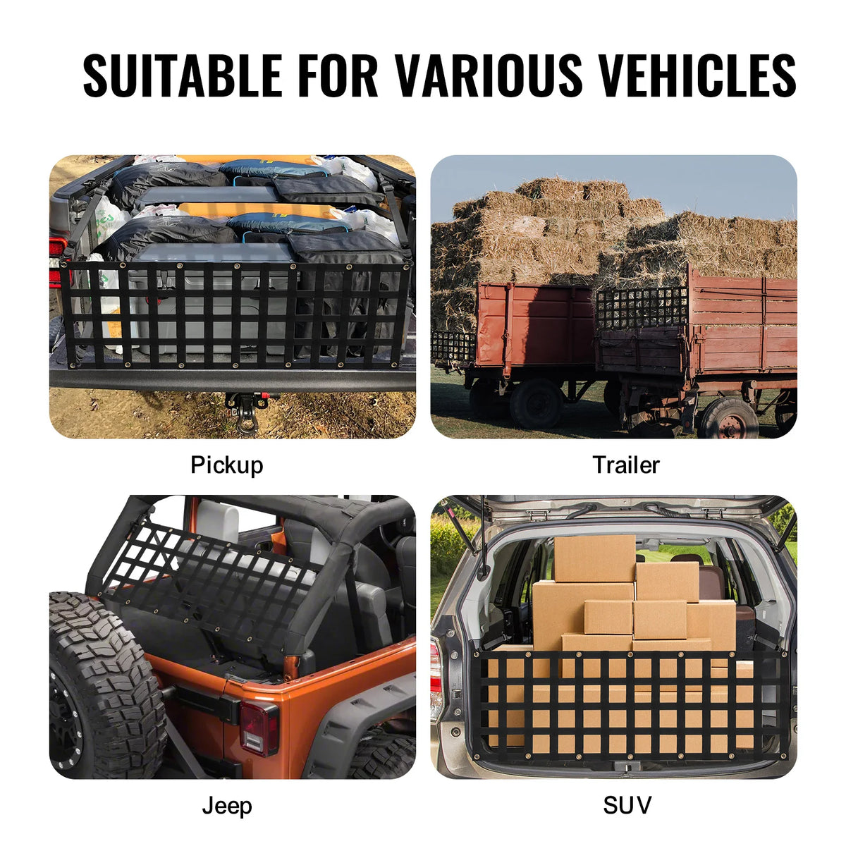 SucceBuy Car Tailgate Net Elastic Rear Cargo Trunk Storage Organizer with 4 Telescopic Straps Luggage Net for Trailer Jeep SUV