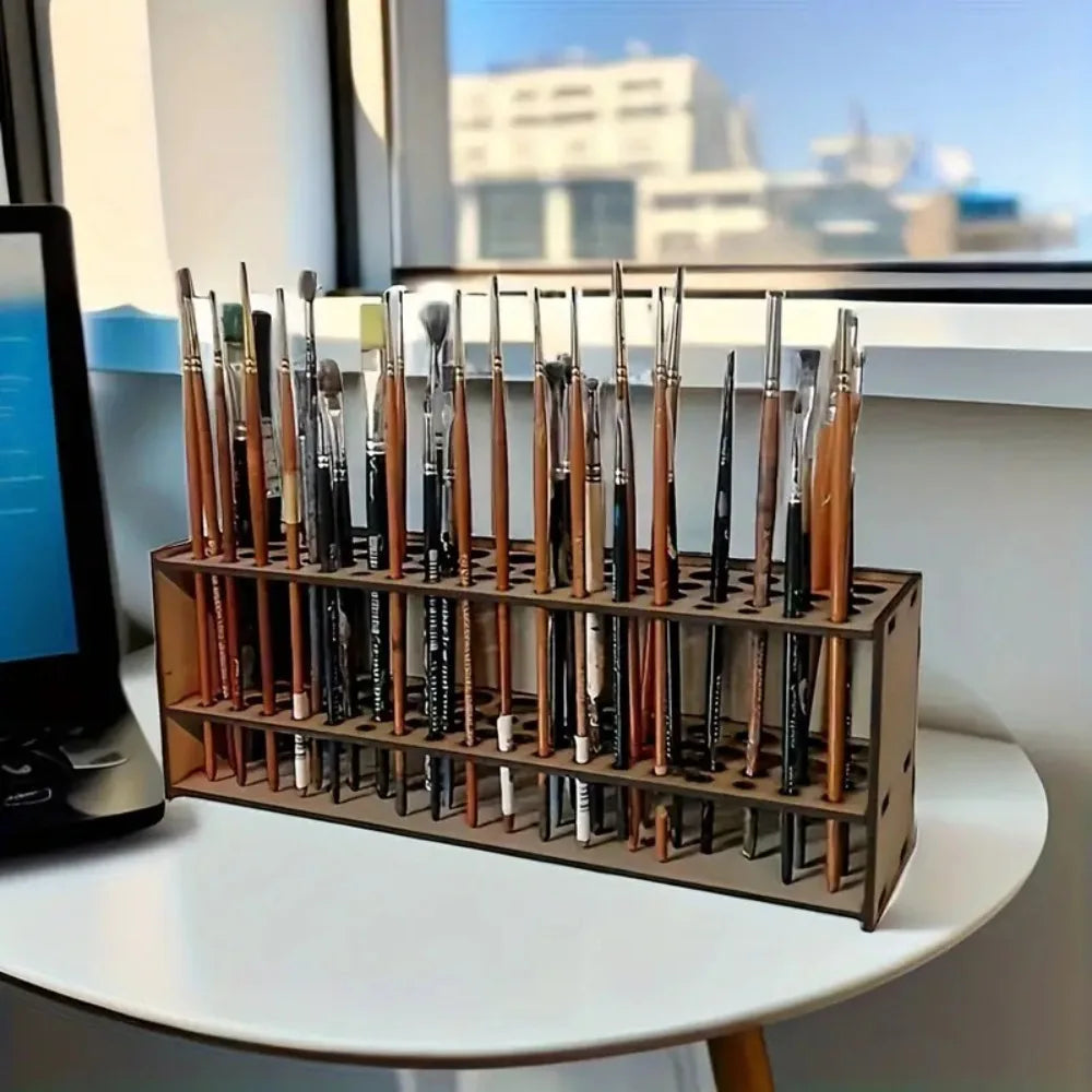 Wooden Artist Brush and Pencil Holder, 67 Slots