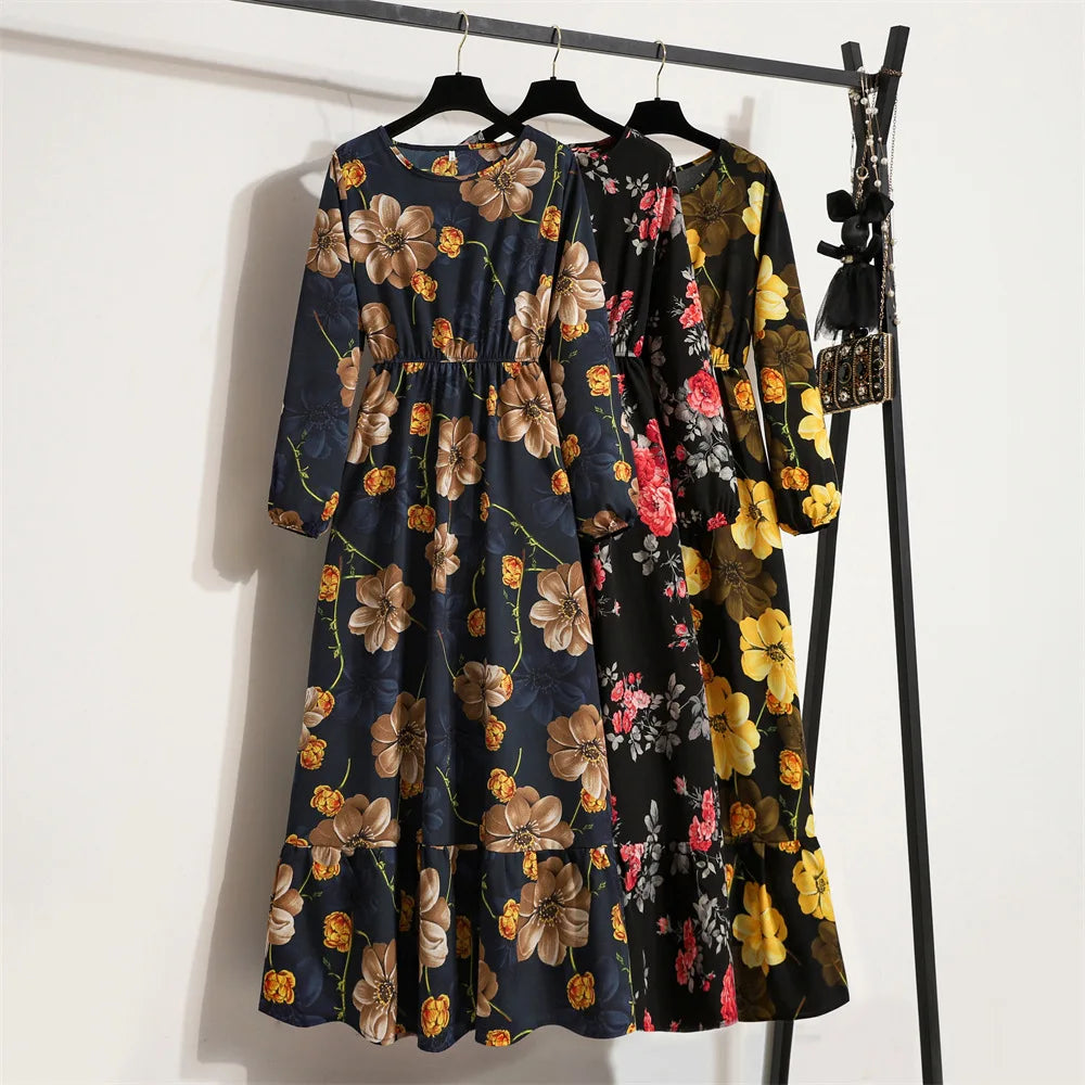 Langes Damen-Blumenkleid mit Rundhalsausschnitt