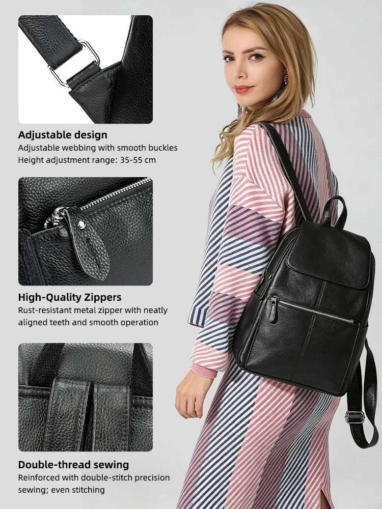 Zency Stylish White Black Genuine Leather Women Backpack A++ Quality Anti-theft Large Capacity Knapsack Travel Designer Rucksack