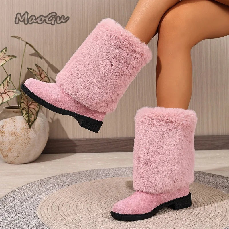 Winter-Plüschstiefel, Übergrößen 36–43, warme Outdoor-Stiefel bis zur Wadenmitte, schwarze Baumwollschuhe für Damen, zum Hineinschlüpfen, rosa Stiefeletten für Damen
