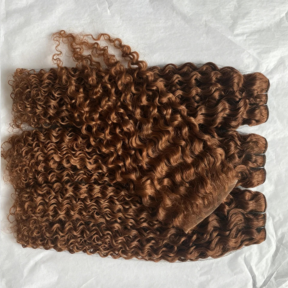 #4 Chocolate Brown Colored Water Wave Human Hair Bundles With HD Transparent Lace Closure Frontal Wet and Wavy Weave Deep Curly Wave Human Hair Extensions for Black Women