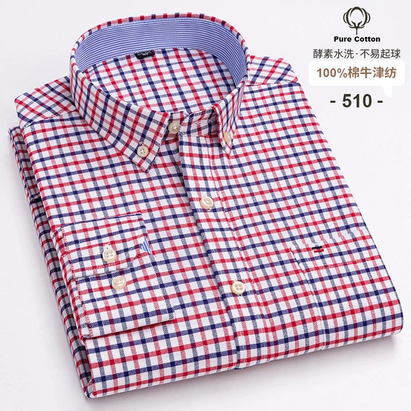 100% Cotton Oxford Men's Shirts Long Sleeves Plaid Soft Regular Fit Formal Dress Shirt Pocket Social Blouse Male Clothes S-7XL