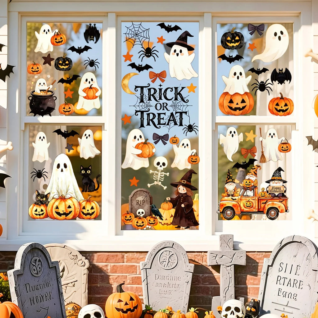 Adhesivos para ventanas de Halloween, decoraciones de Halloween, pegatinas decorativas de otoño para interiores | 6 hojas de adhesivos grandes para ventanas con fantasmas y calabazas