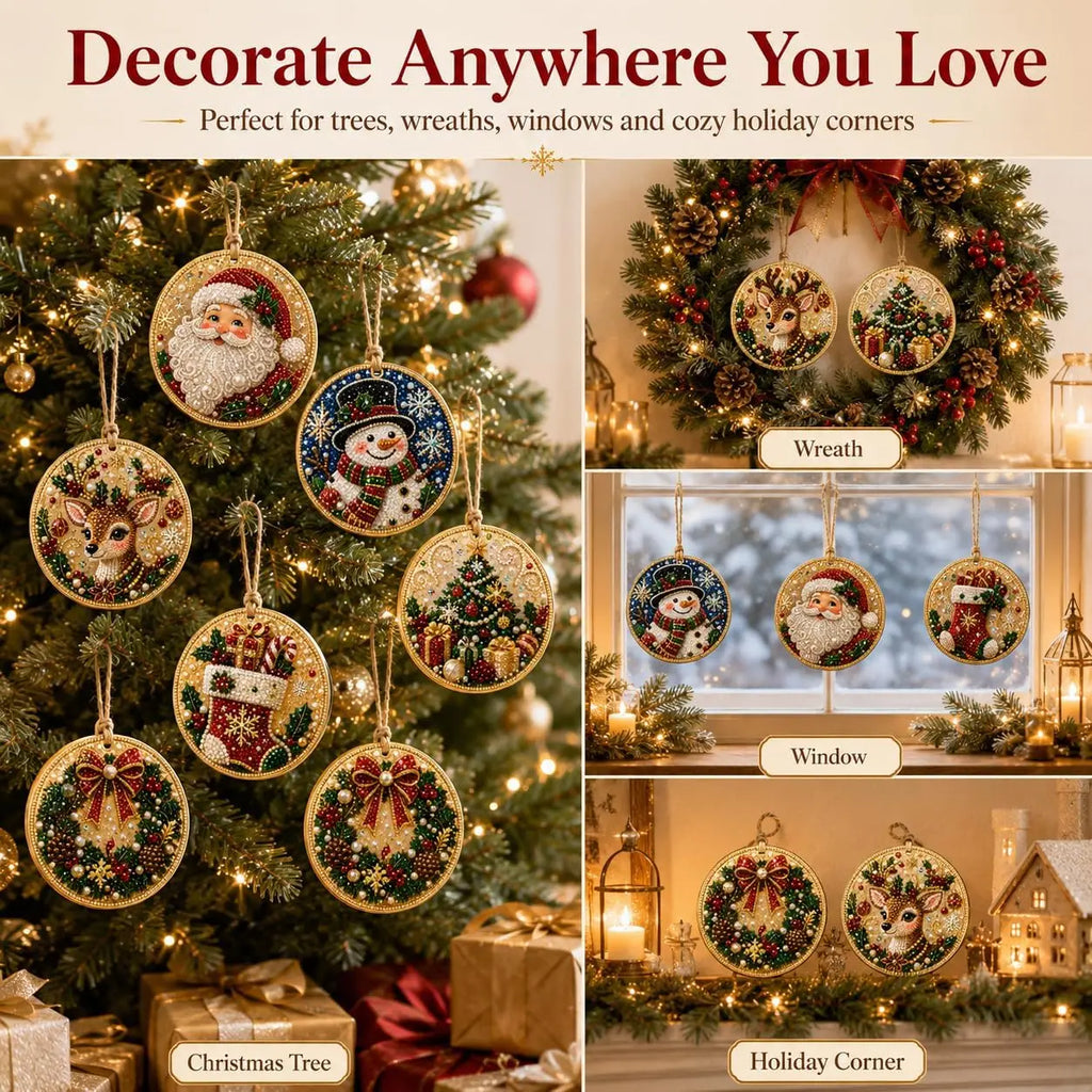 6Pcs Wooden Christmas Ornaments DIY Pearl Art Kits Hanging Diamond Art Christmas Tree Ornaments Set with Pearls Home Decoration