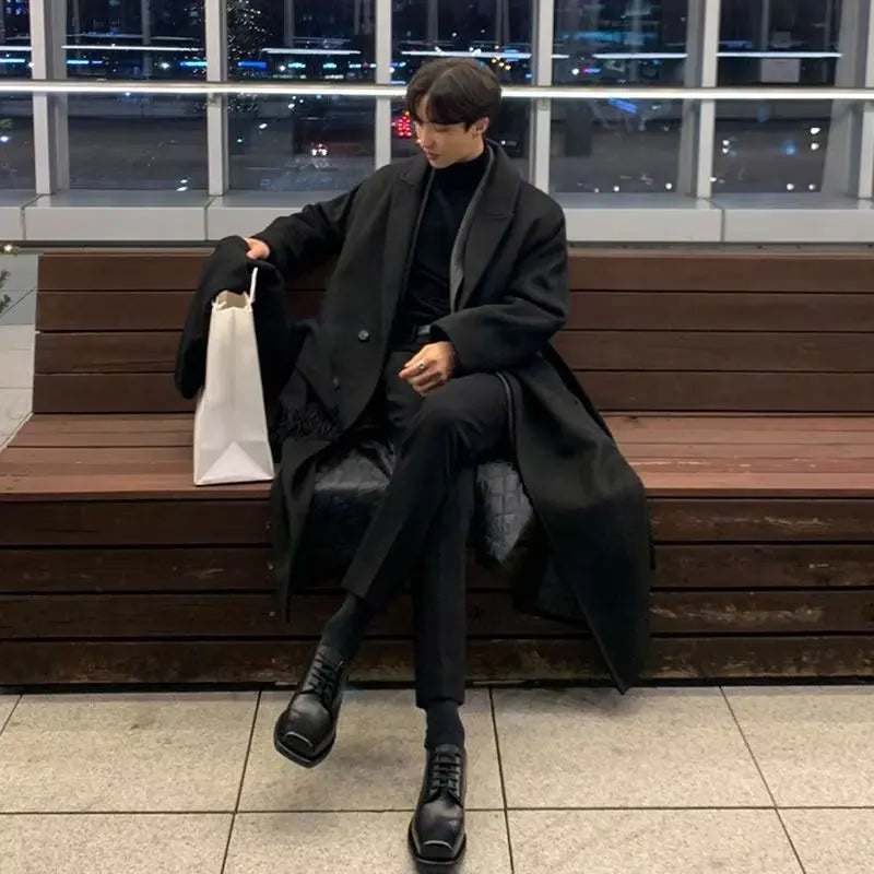 Men Oversized Lapel Long Wool Blend Coat,Loose Open Front Maxi Trench Overcoat,Streetwear Casual Solid Black Long Outerwear