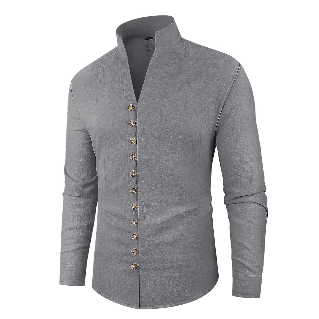 Spring Aututmn Men's Shirt Single Breasted Stylish Henley Neck Cotton Linen Casual Button Tops Simple Style Male Cozy Top