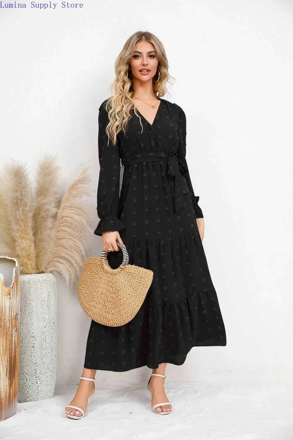 Abito lungo da donna con scollo a V e maniche lunghe