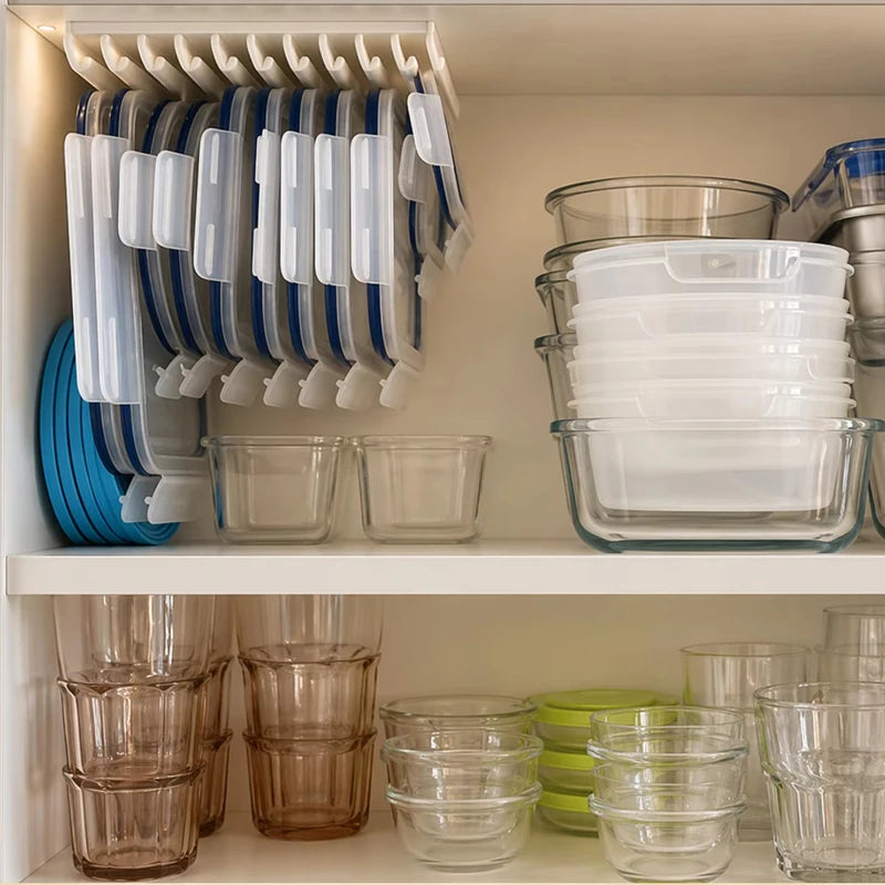 Porte-couvercles de récipients alimentaires de cuisine, organisateur d’espace gain de place pour placard, support d’étagère en plastique, crochet mural robuste à plusieurs fentes