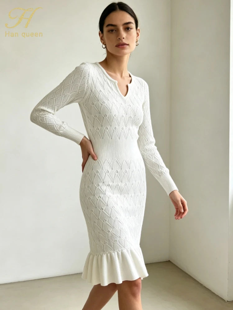 Abito in maglia a sirena con scollo a V e maniche lunghe