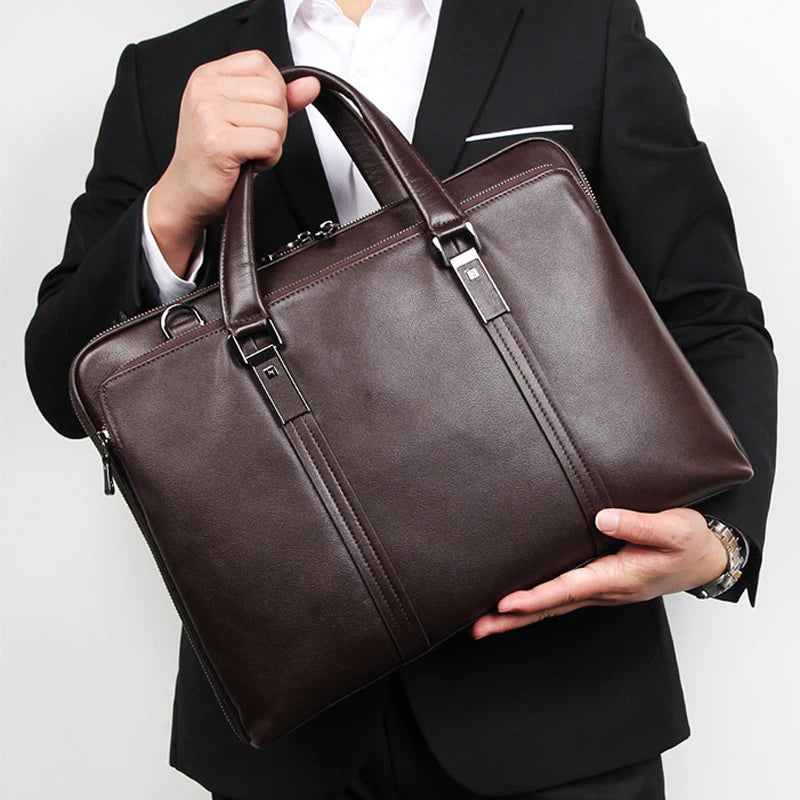 Luxury Genuine Leather Briefcase Men Leather Business Bag 15.6" Laptop Bag 14 Male Office Bag Document File Case Shoulder Bag