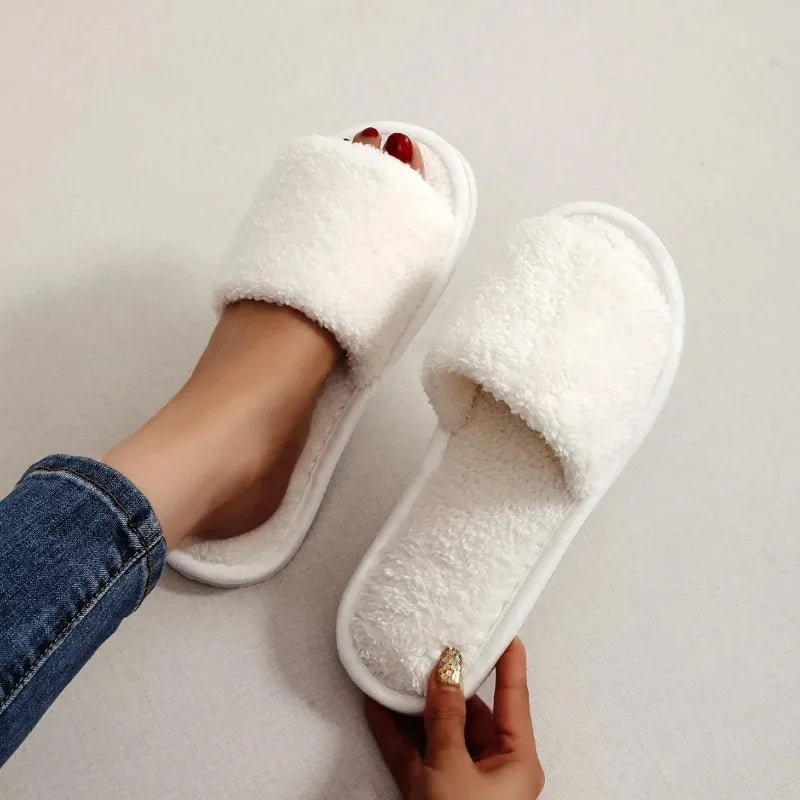 Four Seasons New Women's Home Slippers Slides Sandals Shoes White Fur Warm Plush Comfortable Lightweight Flat