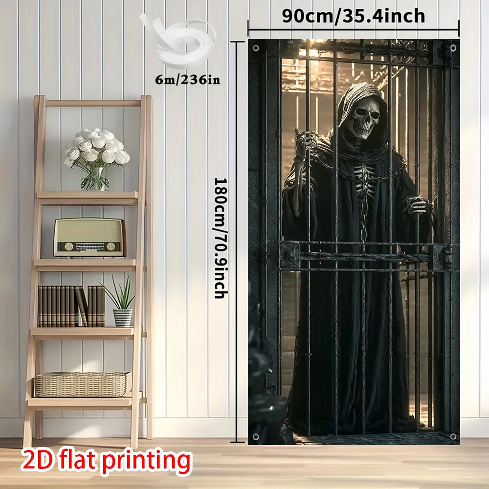1pc, 2Dflat, Gothic Death Curtain - Skull and Cage Decoration, Suitable for Halloween Parties, Indoor/Outdoor Use, wsj