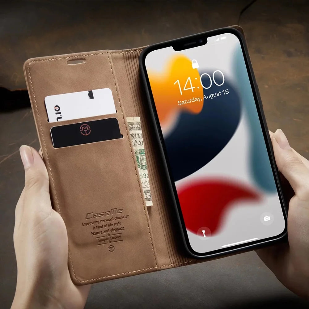 Matte Leather Flip Cover for iPhone 11 12 13 14 15 16e 17 18 Pro Max Mini Air Wallet Case XR XS 8 5S SE 2020 2022 Magnetic Retro