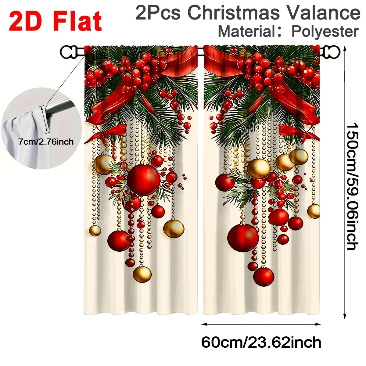 2pcs Festive Christmas Curtains, 60*150cm Polyester Curtains Xmas Baubles Ribbon Patterns Window Drapes for Home Holiday Decor
