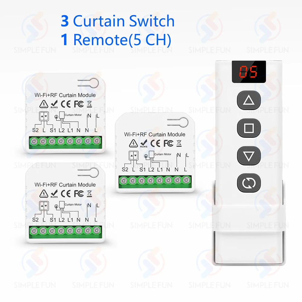 Wireless Curtain Roller Shutter Switch Tuya,WiFi RF Smart Module for Blinds Awning,5-in-1 Remote,Work with Alexa Google Home