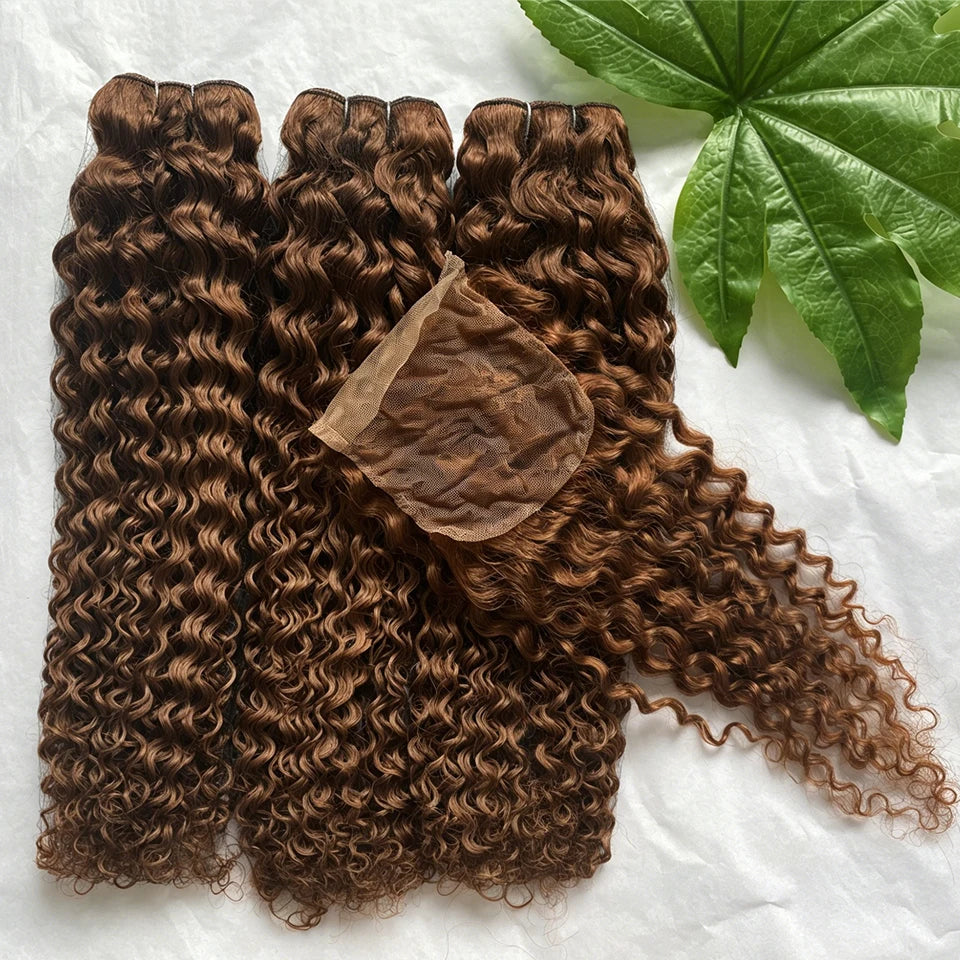 #4 Chocolate Brown Colored Water Wave Human Hair Bundles With HD Transparent Lace Closure Frontal Wet and Wavy Weave Deep Curly Wave Human Hair Extensions for Black Women