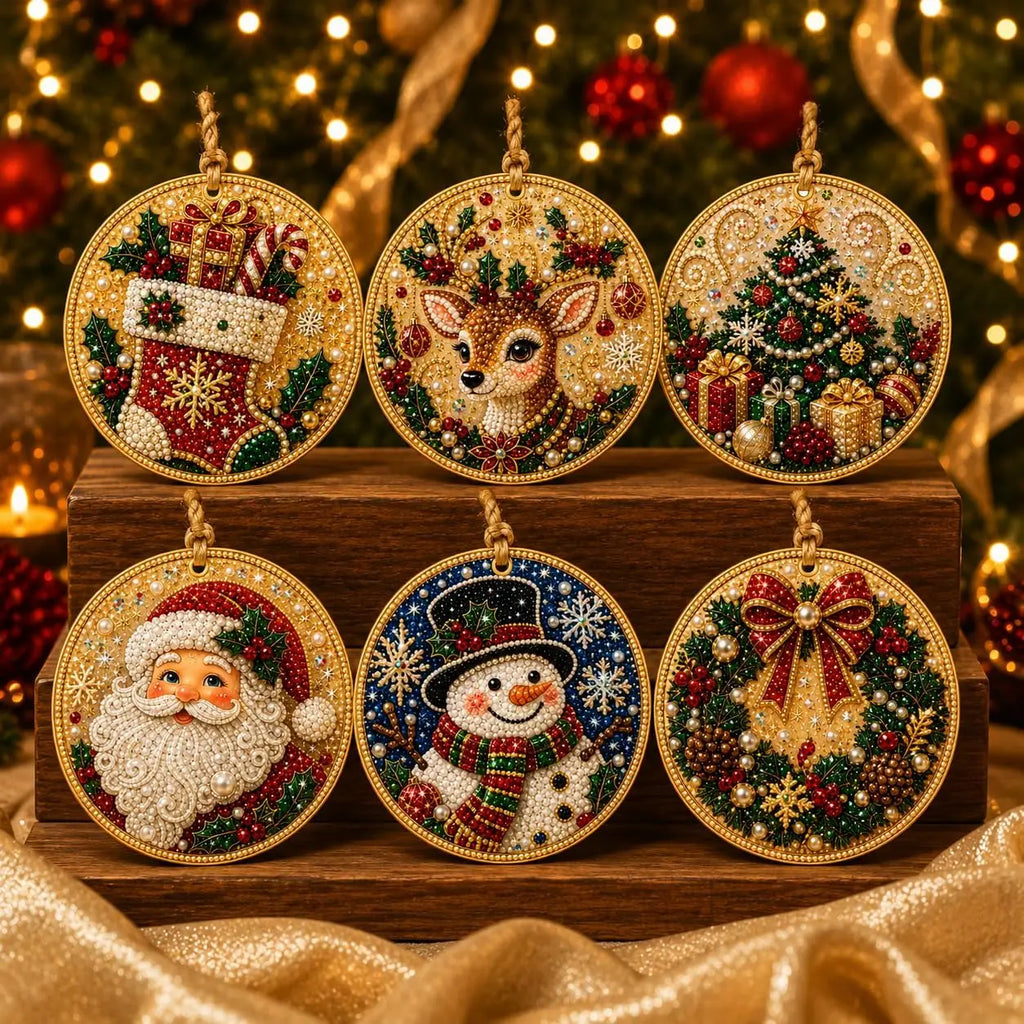 6Pcs Wooden Christmas Ornaments DIY Pearl Art Kits Hanging Diamond Art Christmas Tree Ornaments Set with Pearls Home Decoration