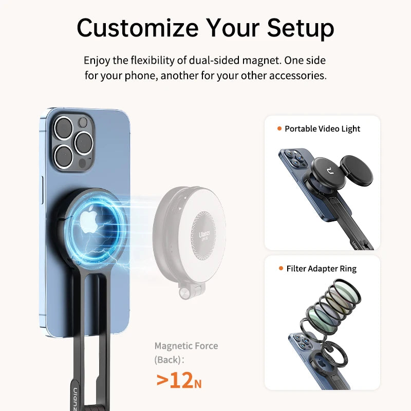 Ulanzi MA30 Magsafe Trépied pour téléphone Support magnétique double face pour téléphone Support de téléphone pour Iphone 16 15 Plein air Voyage Vlog LiveStreaming