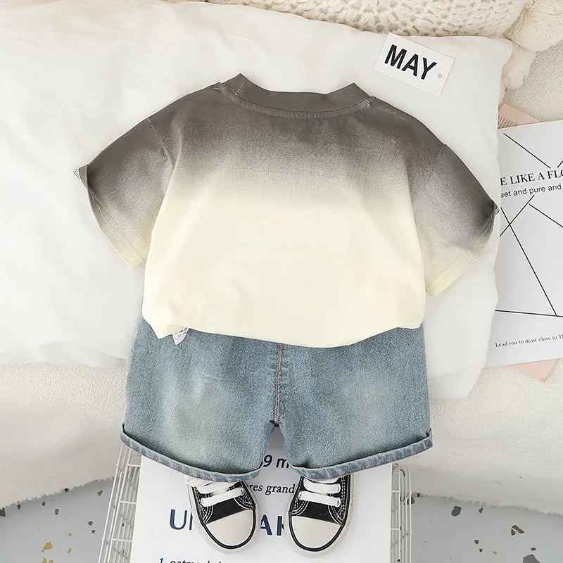 Conjunto de verano de camiseta con letras estampadas y pantalones cortos vaqueros para bebés y niños de 0 a 5 años, 2 piezas, para niño o niña