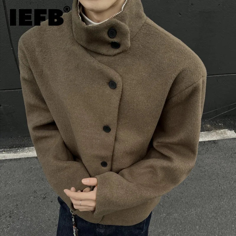IEFB Fashion Minimalist Solid Color Warm Men's Wool Jacket Stand Collar Long Sleeves Thicken Coat Winter New Tide 9X2038