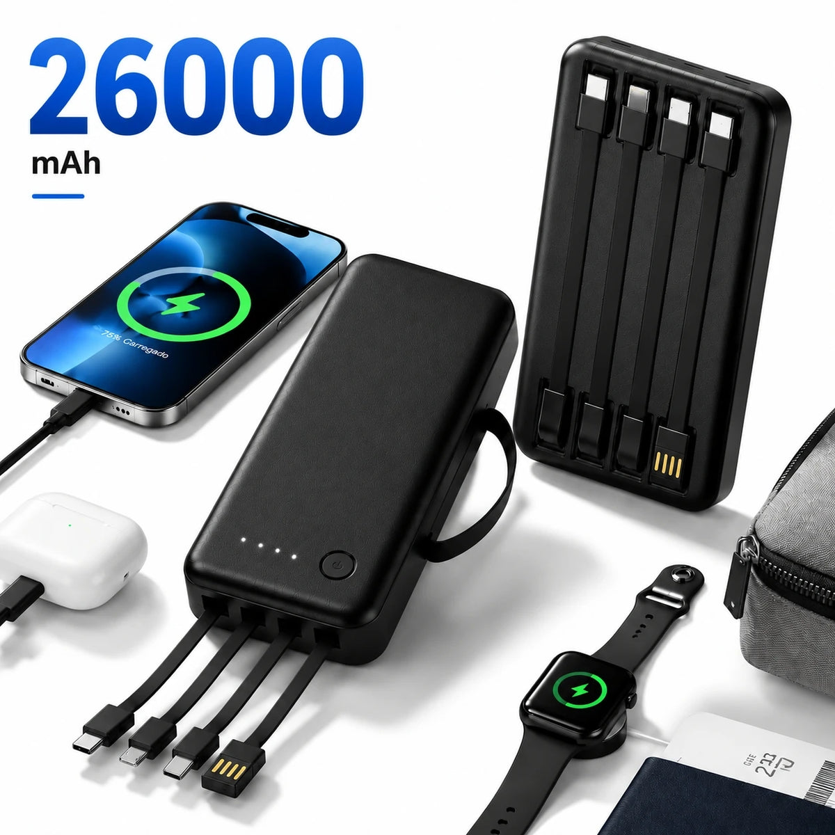 Power Bank 12000mAh And 26000mAh Portable Fast Charger With 4 USB Cables For Smartphones And Travel