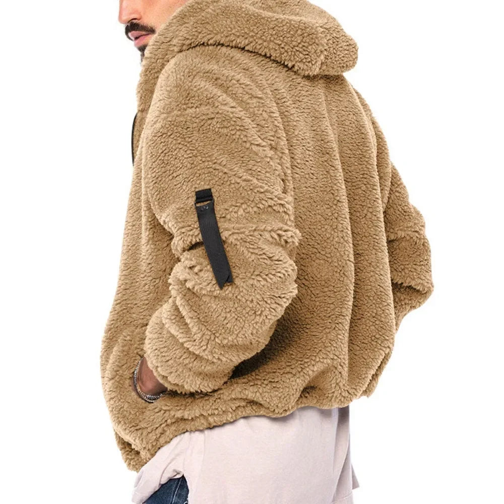 Men's Winter Velvet Fleece Zipper Jacket Casual Soft Skin Solid Warmth Streetwear Trendy Baggy Hooded Jacket Coats for Men