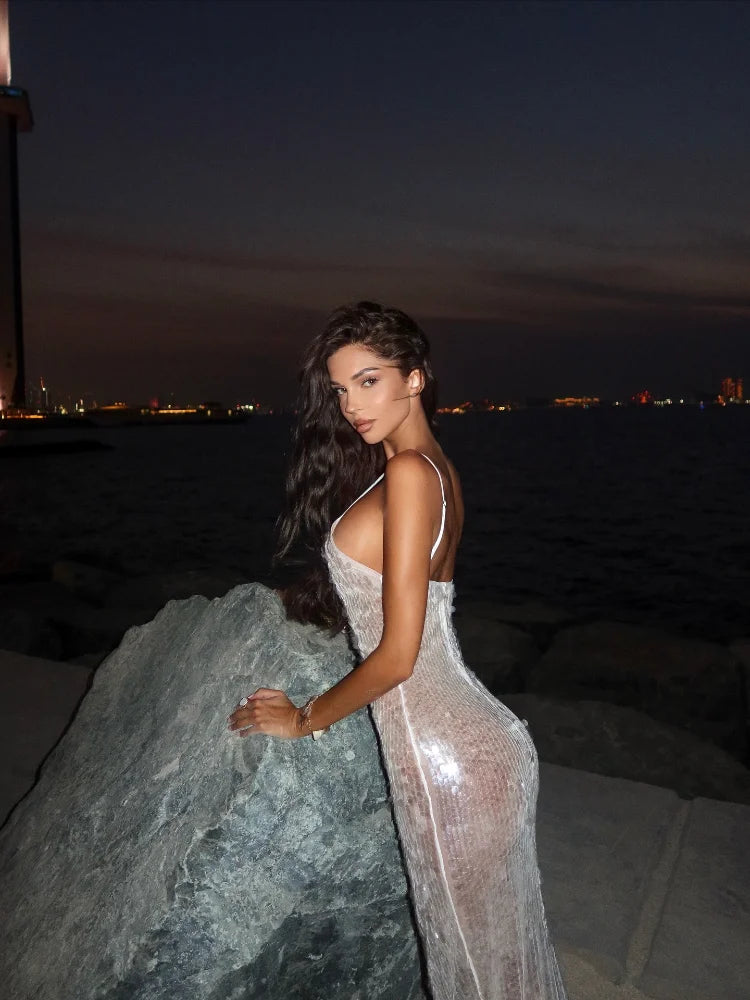 Sequin Spaghetti Strap Transparent Dress Women Sexy Deep Lace V-neck Bodycon Beach Party Dresses 2025 Chic Elegant Vacation Gown