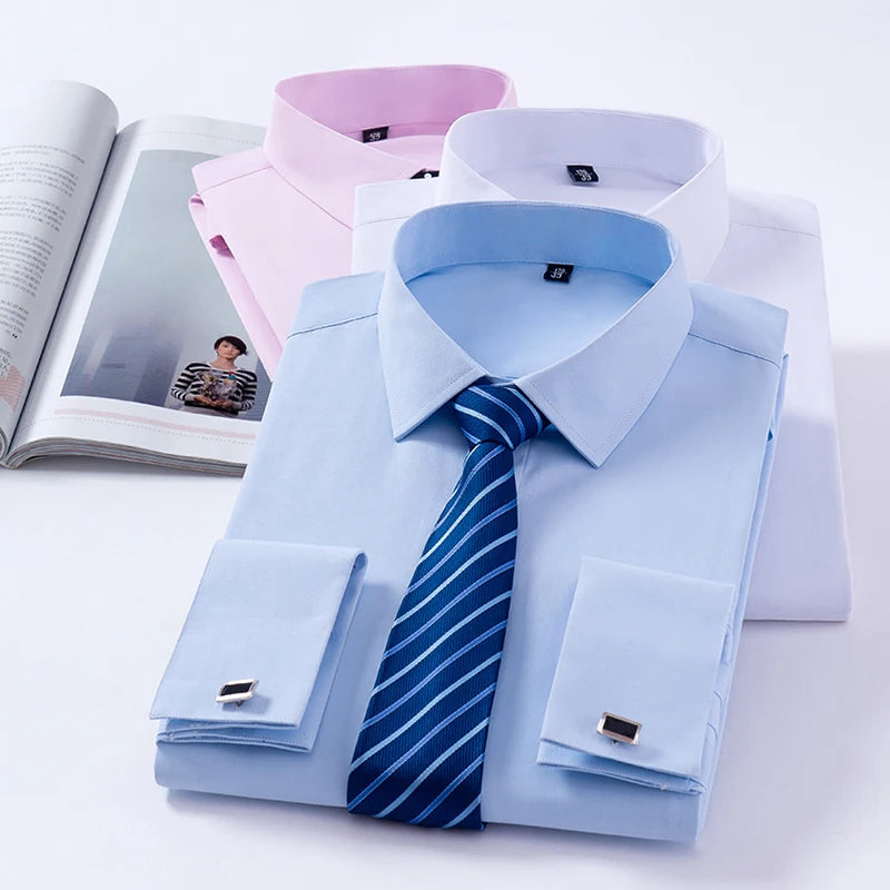 Men's French Cuffs Dress Shirt Long Sleeve Fit Elegant Gentleman Romantic Wedding Party Business Fashion White Shirts