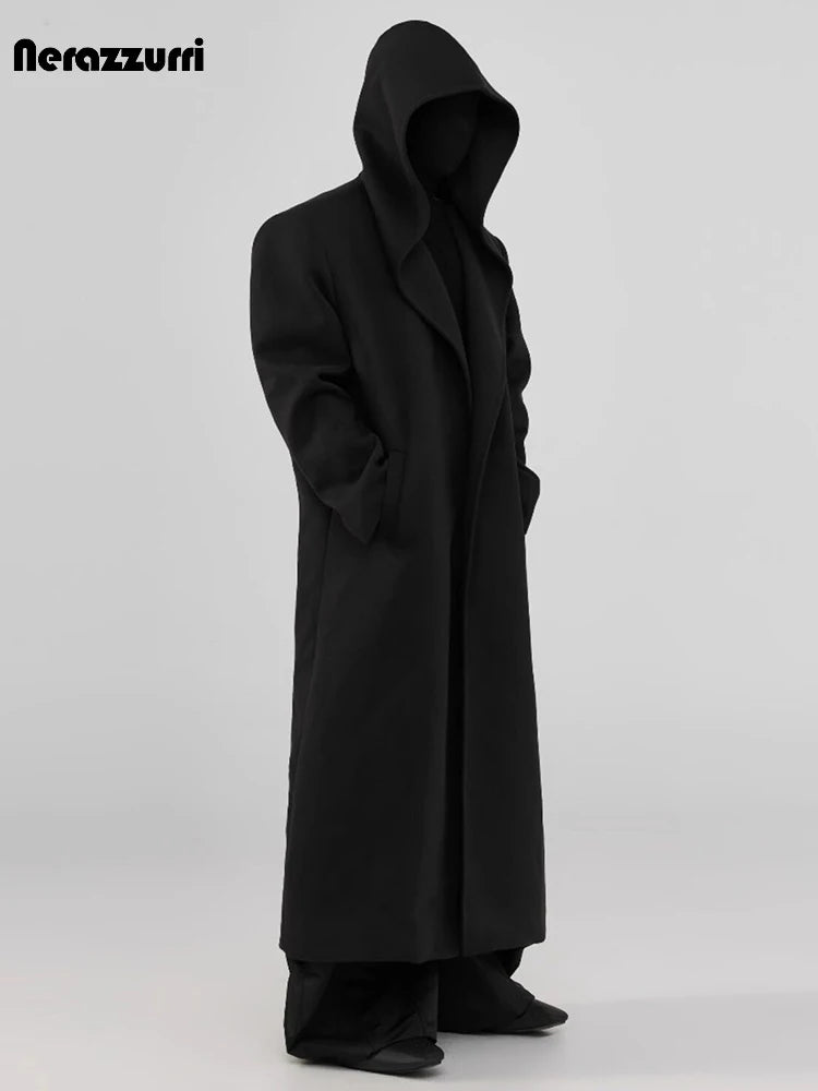 Nerazzurri Autumn Winter Extra Long Warm Black Soft Wool Blends Coat Men with Hood Luxury Woolen Overcoat Dark Academia Clothes