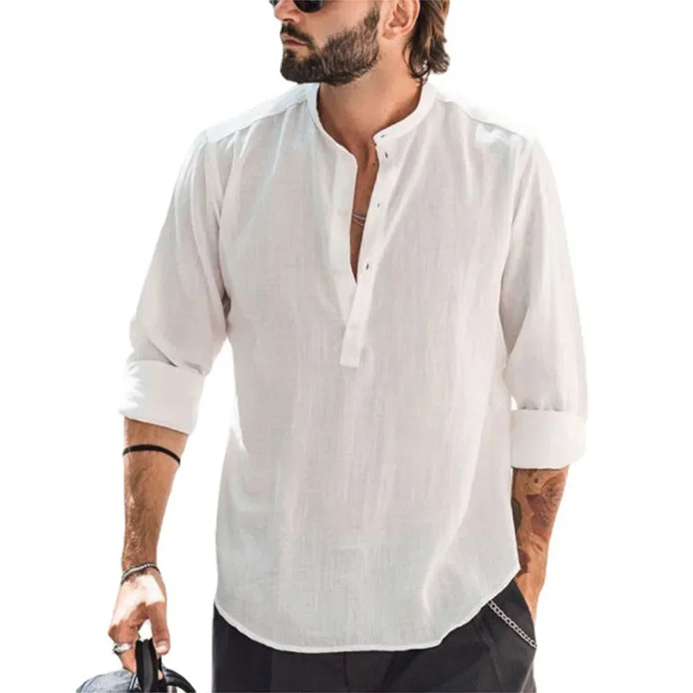 Men's Casual Blouse Cotton Linen Shirt Loose Tops Long Sleeve Tee Shirt Spring Autumn Casual Handsome Men's Shirts