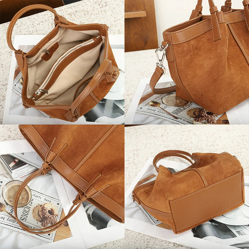 Suede Bags Women Handbag Genuine Leather 2026 Luxury Designer Shoulder Bag Lady First Layer Cowhide Casual Tote Handbags Women