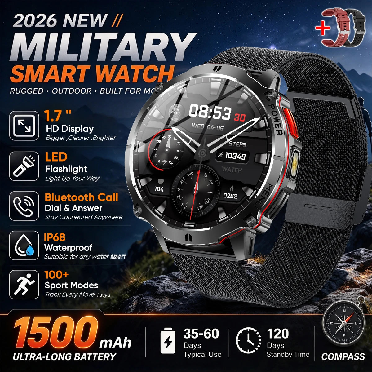 Military T-Rx6 Smartwatch,1.7'AMOLED Screen,150 Day Battery,IP68 Waterproof,Metal,120 Fitness Modes,Flashlight,For Men Women New