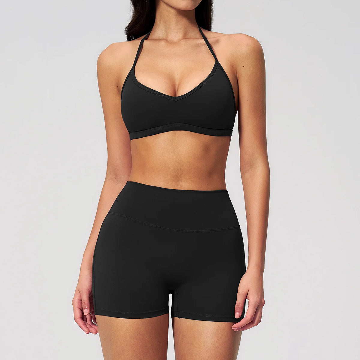 2-teiliges Yoga-Set für Damen, Trainingsanzug mit rückenfreiem Neckholder-Top und High-Waist-Shorts, Fitness-Sportbekleidung für das Training