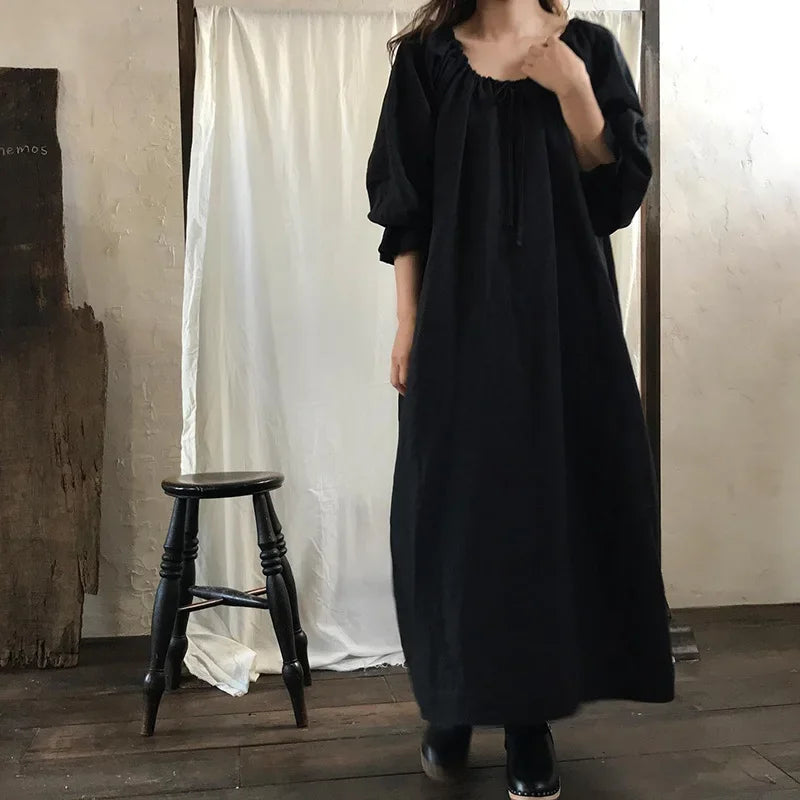 Abito midi da donna in cotone e lino con maniche a lanterna