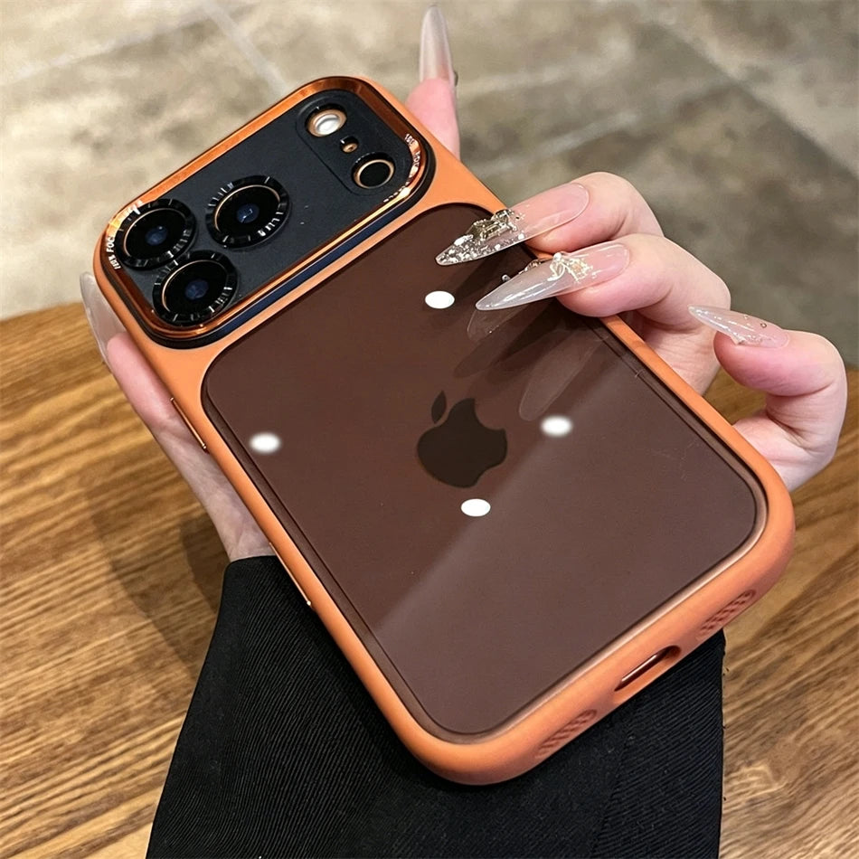 Luxury Matte Bumper Orange Transparent Case For iPhone Air 13 14 15 16 17 18 Pro Max Metal Camera Buttons Shockproof Clear Cover