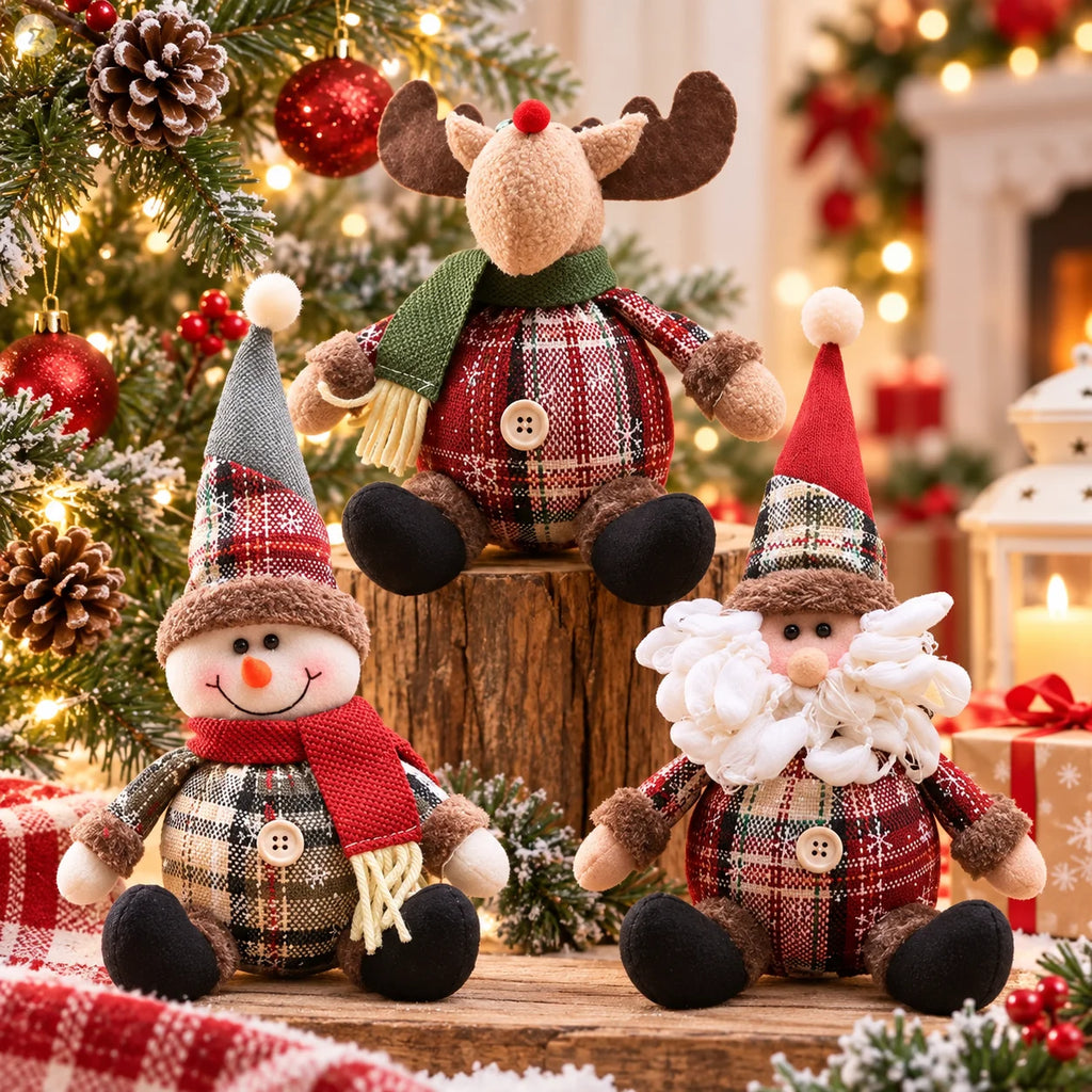 Decorative Christmas figurines: reindeer, Santa Claus, and snowman