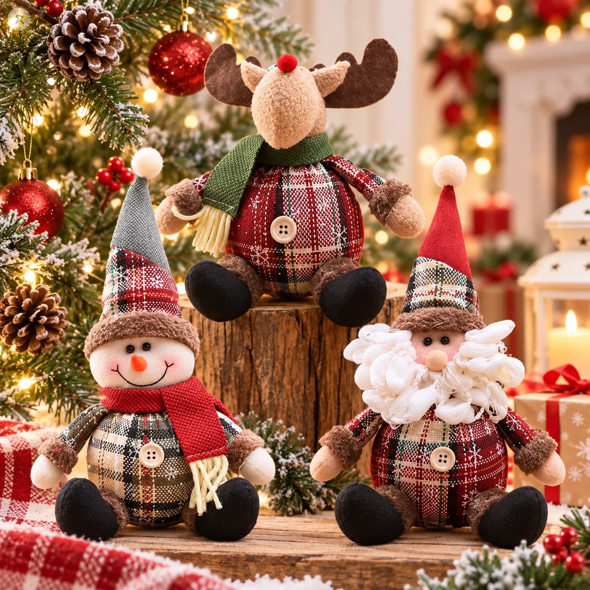 Decorative Christmas figurines: reindeer, Santa Claus, and snowman