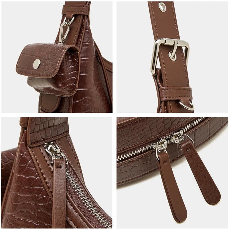 BURMINSA Vintage Croc Embossed Genuine Leather Crescent Shoulder Bag Women Half Moon Underarm Purse Going Out Crossbody Handbags