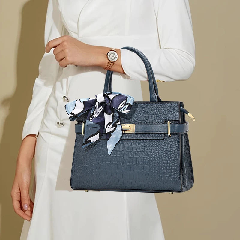 Women’s Croc-Embossed Tote Bag with Scarf Accent