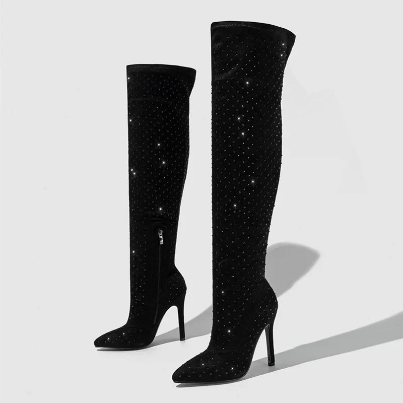 Stivali donna Liyke stretch con strass e tacco sottile