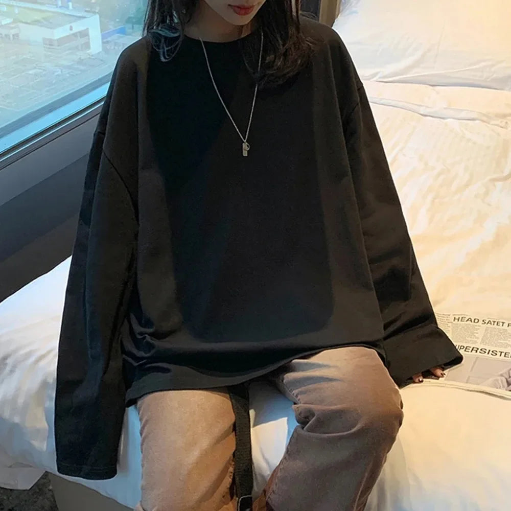 New Trendy Cotton Long Sleeve T-Shirt Women Oversize  Basic Tee Casual O-neck Tops Simple Streetwear Cozy Versatile T-shirt