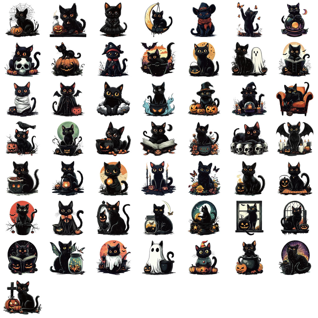 50pcs Halloween Cute Goth Black Cat Stickers Pumpkin Cartoon PET Sticker DIY Guitar Scrapbook Helmet Cool Graffiti Decals Toy
