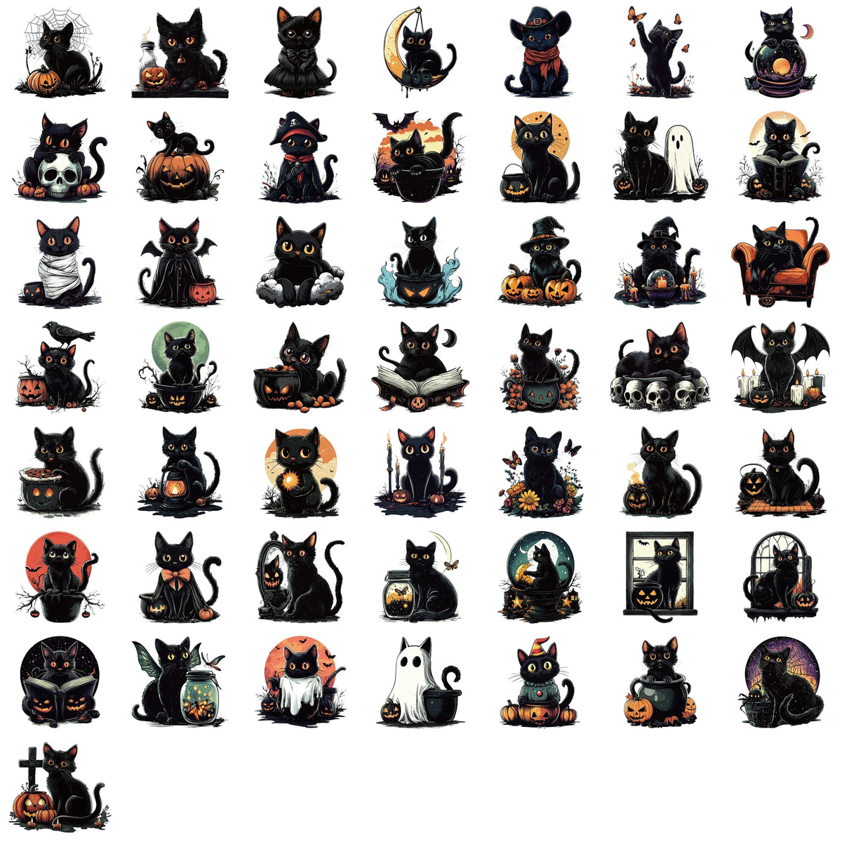 50pcs Halloween Cute Goth Black Cat Stickers Pumpkin Cartoon PET Sticker DIY Guitar Scrapbook Helmet Cool Graffiti Decals Toy